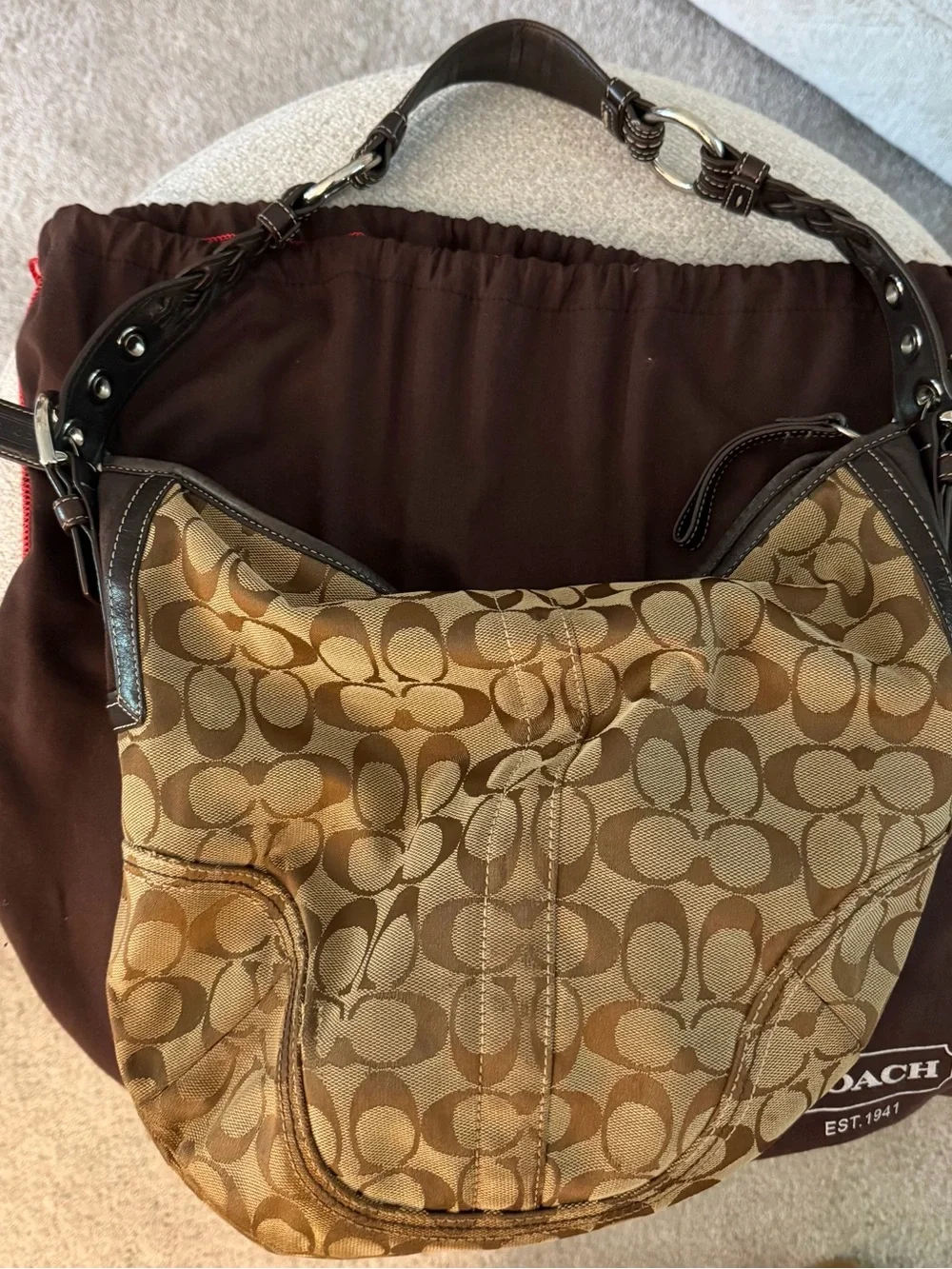 Vintage Coach Signature Canvas Leather Hobo Bag purse in Khaki/Brown 6257 - Picture 4 of 5